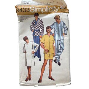 70s Simplicity 9433 Pajamas Sewing Pattern Size Medium Nightshirt & Pants CUT